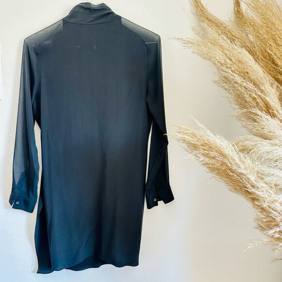 ALLSAINTS Black LBD Long Sheer Sleeve Silk Panel Asymmetrical Ruche Mini Dress 6 - Picture 6 of 13